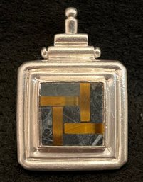 Vintage Sterling Silver 925 Pendant - Chunky Inlay Marble Wood - 1 5/8 Inch H X 1/8 Inch W X 14 Inch Thick