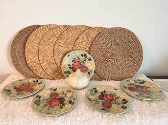 Tracy Porter Pottery Plates, With A Garlic Jar, And Placemats