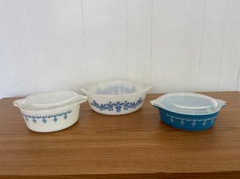 2 Vintage Lidded Pyrex & One GlassBake Serving Bowl