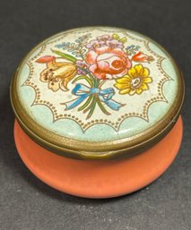 Fine Battersea Enamel Patch Box Peach Ground W Flowers