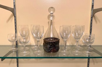 Vintage Stemware And Decanter In Metal Holder