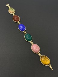 Gorgeous Egyptian 14k Yellow Gold & Multi Stone Scarab Bracelet