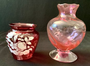 Lovely Ruby Red Hand Painted Floral And Cranberry Swirl Glass Vase Lot