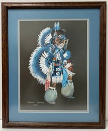 Vintage 1990 Framed Painting On Paper - Horace Hoffman - Native American Indian Playing A Horn