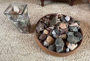 Interesting Rocks Collection In Beautiful Glass Box And In Large Wooden Bowl.
