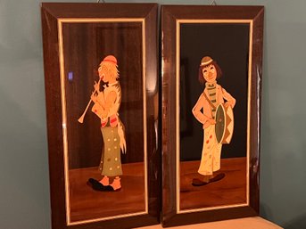 Set Of 2 Inlaid Wooden Italian Clown  Wall Plaques