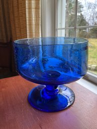 Heavy Blue Pedestaled Glass Bowl