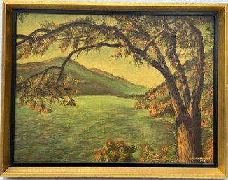 1968 LAKESIDE OIL ON CANVAS: M. Feldman, Vintage Autumn Fall Foliage Shoreline Landscape Painting, Pond Water