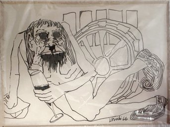 Vintage Neanderthal Drinking Wine Illustration, 1966