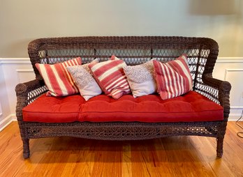 All Weather Brown Wicker 6' Sofa With Five Throw Pillows