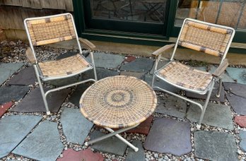 Vintage Aluminum Folding Patio Set With Woven Rattan Seats & Table Top - 2 Chairs & Circular Top Table