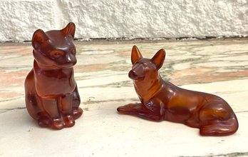 Vintage Dog And Cat Amber Acrylic Lucite Figurines
