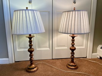 Pair Of Turned Wood Column Style Lamps With Pleated Shades