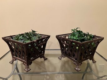 Pair Of Metal Planters With Trellis Designs