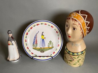 Vintage Hand Painted Wooden Bust/Jewelry Holder  With Handpainted Keraluc Plate & Figure