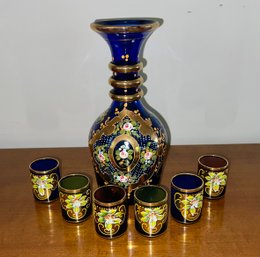 Vintage Czech Hand Painted Cobalt Blue Glass Decanter And Shot Glasses