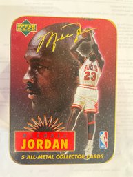 1996 Upper Deck 5 All Metal Collector Cards Of Michael Jordan In Commemorative Tin.