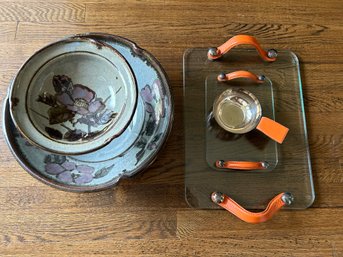 Pair Of Pottery Bowls And Glass Trays