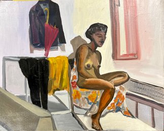 ABSTRACT AFRICAN AMERICAN NUDE: Oil Or Acrylic Painting On Canvas, Seated Woman, Bright And Colorful Artwork