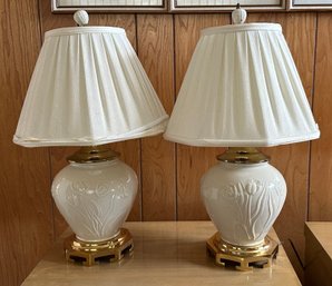 Pair Bulbous Lenox Vases Mounted As Table Lamps