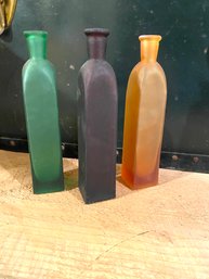 3 Frosted Pottery Barn Colored Bottles