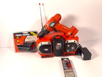 Black And Decker Drill &  Portable Firestorm  Radio, Extra 18v Battery New . Screw Extractor Bits New .