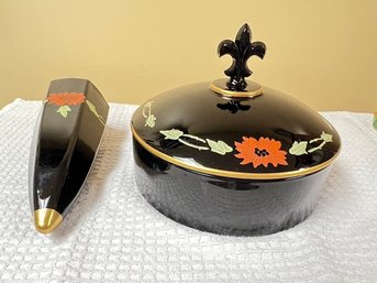 L.E. Smith, Mt. Pleasant Black Cobalt Blue Wall Pocket, With Covered Divided Dish, Hand Painted