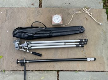 Camera Tripod, Monopod, And Vintage Electric Clock