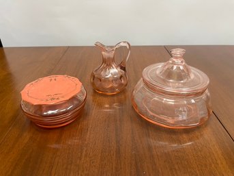 Pink Depression Glass Lidded Containers & Cruet