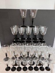 Huge Lot- 31 Piece Set- Cristal D'Arques-Durand ONYX Swirled Glass Bowl Deep Black Stem