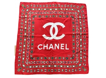 Authentic Bright Red Print Chanel Paris 34' Square Silk Scarf