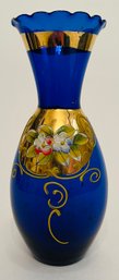 Vintage Cobalt Blue Glass Vase - Gold - Flowers - Bohemian - 6 Inches H X 2.75 At Widest