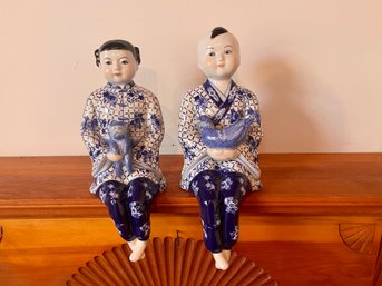 Vintage Blue And White Porcelain Self Sitting Figurines