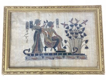 Eqyptian Art Painting Signed Queen & Pharoah On Papyrus Paper Framed
