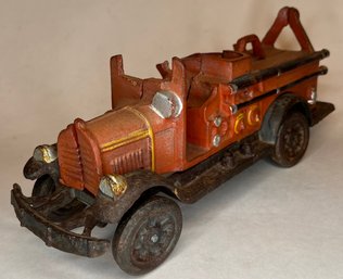 Vintage Heavy Cast Iron Antique Fire Engine Truck - Taiwan - 10.75 Inches Long - Old Paint
