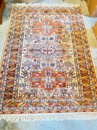 Persian Rug, 6 Bands, Beautiful Condition, Rust, Green, Teal Blue, Beige