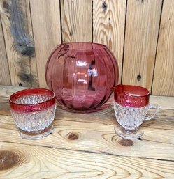 Diamond Point Indiana Glass Cream And Sugar Set With Cranberry Glass Vase