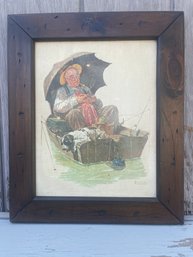 Norman Rockwell Vintage Wood Framed Canvas Artwork Old Man & Dog Asleep Fishing