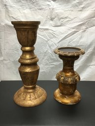A Pair Of Distressed Wood Carved Candle Holder
