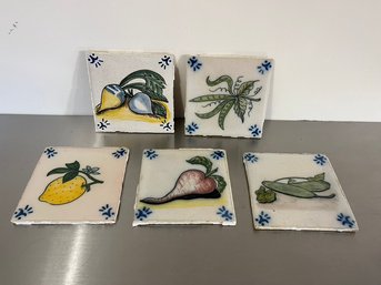 5 Vintage Ceramic Tiles With Fruits & Vegetables Motif