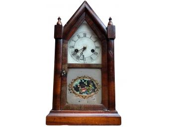 Victorian Welch Mfg. Co. Forestville CT  Gothic Revival Steeple 30 Hour Mantle Clock Reverse Painting UNTESTED
