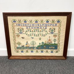 Sweet Vintage Cross Stitch Sampler In Frame