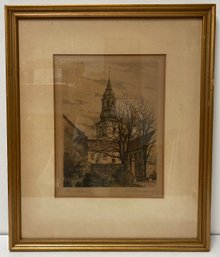 Vintage 1923 Antique Original Frames Etching Of Church - A Schouw Lundberg  - Hand Signed In Pencil