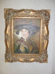 Vintage Oil On Canvas 'woman In Hat'