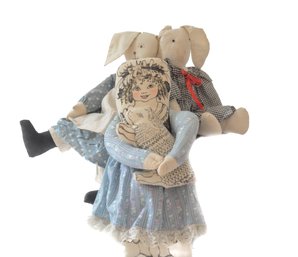 Colonial Rag Dolls Pair Lady Bunnies In Dresses (1) Colonial Doll Holding A Lamb