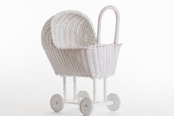 WHITE WICKER DOLL CARRIAGE ON SPOKE WHEELS