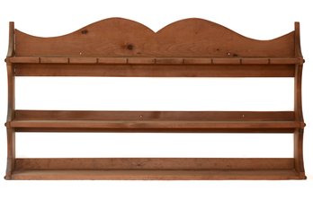 LARGE PINE 3-TIERED WALL SHELF WITH PLATE RAILS, SPOON SLOTS