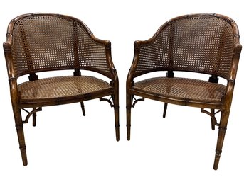 Vintage Hollywood Regency Caned Barrel Back Faux Bamboo Chairs, Made In Spain - A Pair