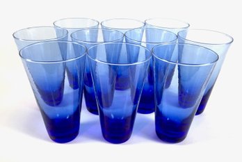 Set Of 10 Large Vintage Handblown Cobalt Tapered Glass Tumblers 6 1/2' H