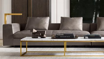 ($5,725 Retail) Restoration Hardware Nicholas Coffee Table With Carrera Marble Top And Burnished Brass